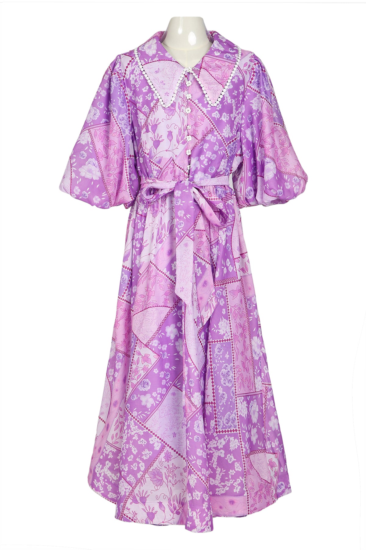 Robert Floral Patchwork Lace Trim Belted Maxi Button Up Dress