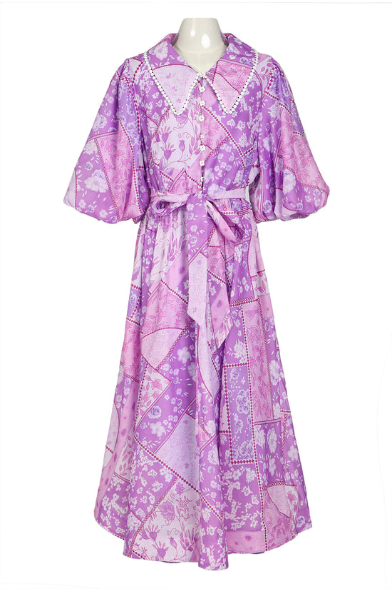 Robert Floral Patchwork Lace Trim Belted Maxi Button Up Dress