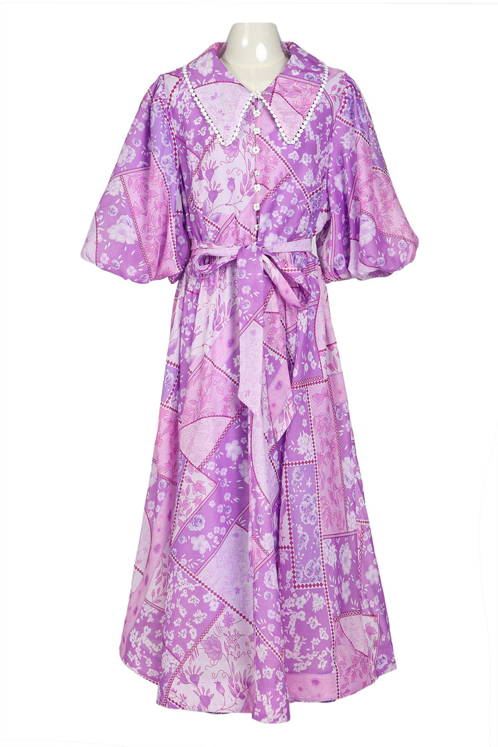 Robert Floral Patchwork Lace Trim Belted Maxi Button Up Dress