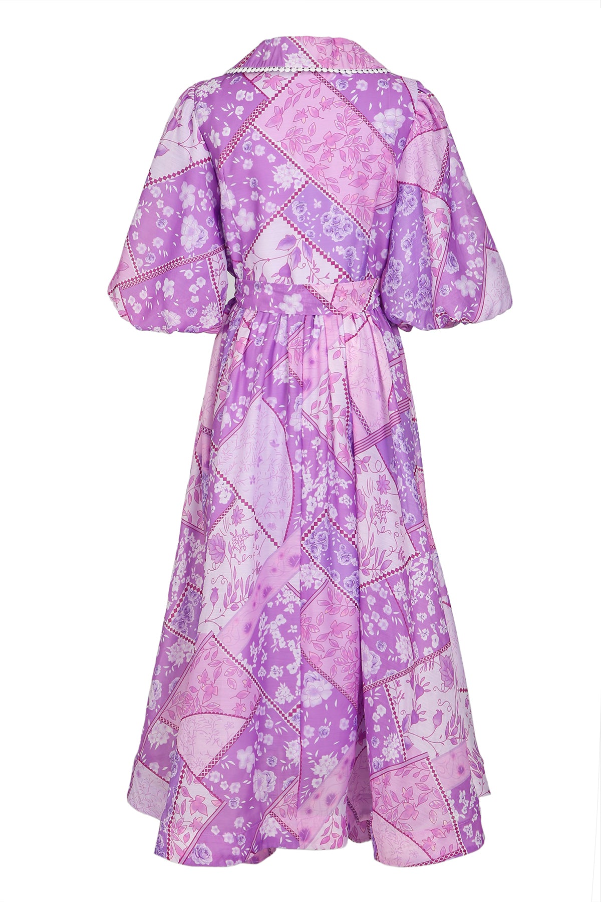 Robert Floral Patchwork Lace Trim Belted Maxi Button Up Dress