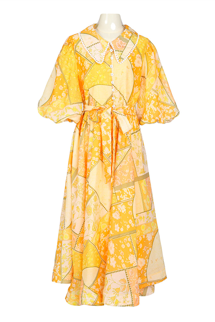 Robert Floral Patchwork Lace Trim Belted Maxi Button Up Dress