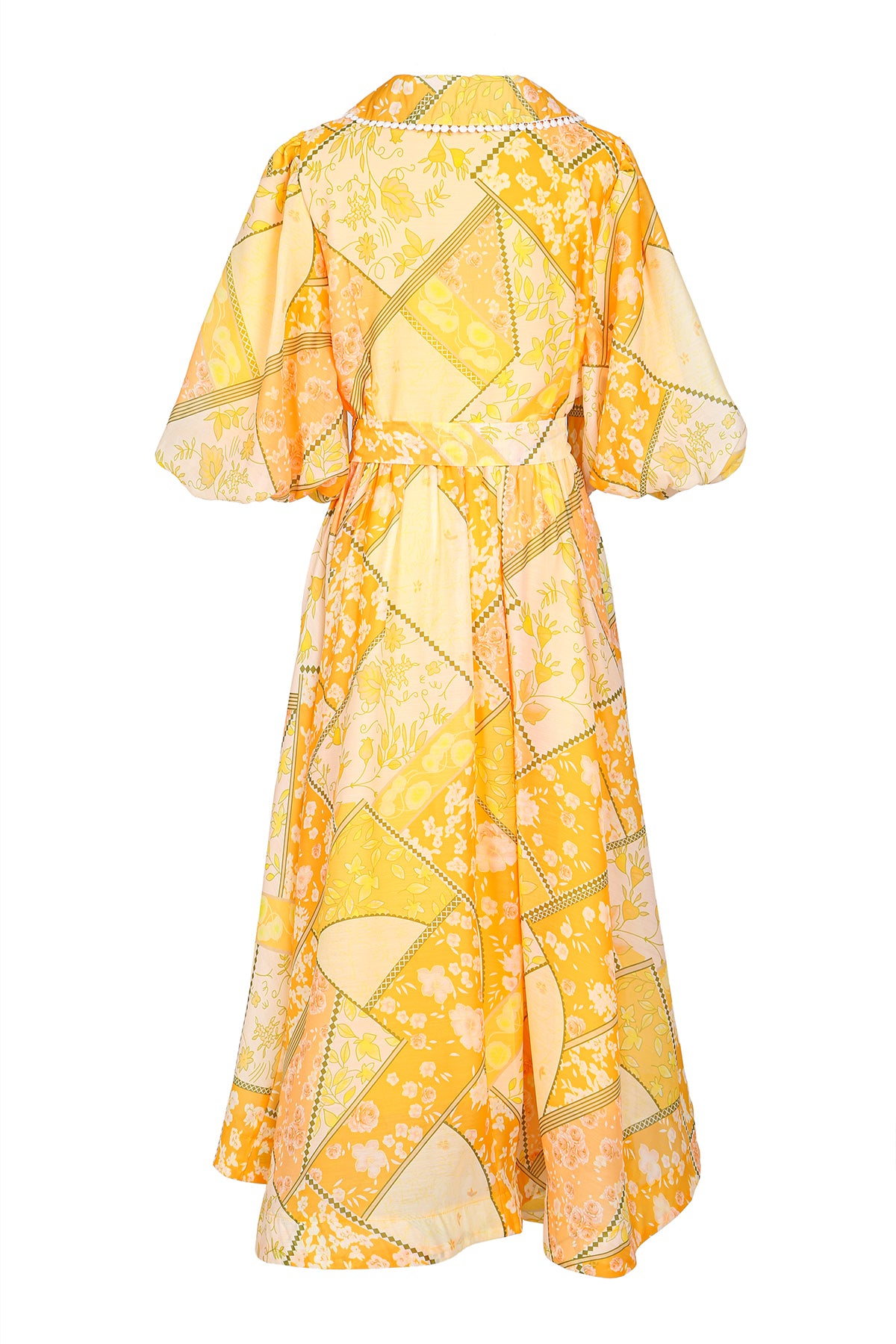 Robert Floral Patchwork Lace Trim Belted Maxi Button Up Dress