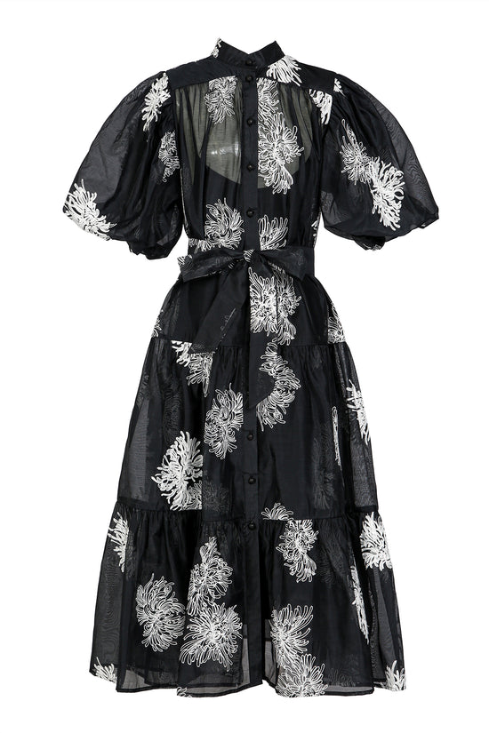 Katie Floral Embroidered Belted Chiffon Puff Maxi Shirt Dress