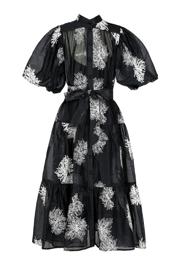 Katie Floral Embroidered Belted Chiffon Puff Maxi Shirt Dress