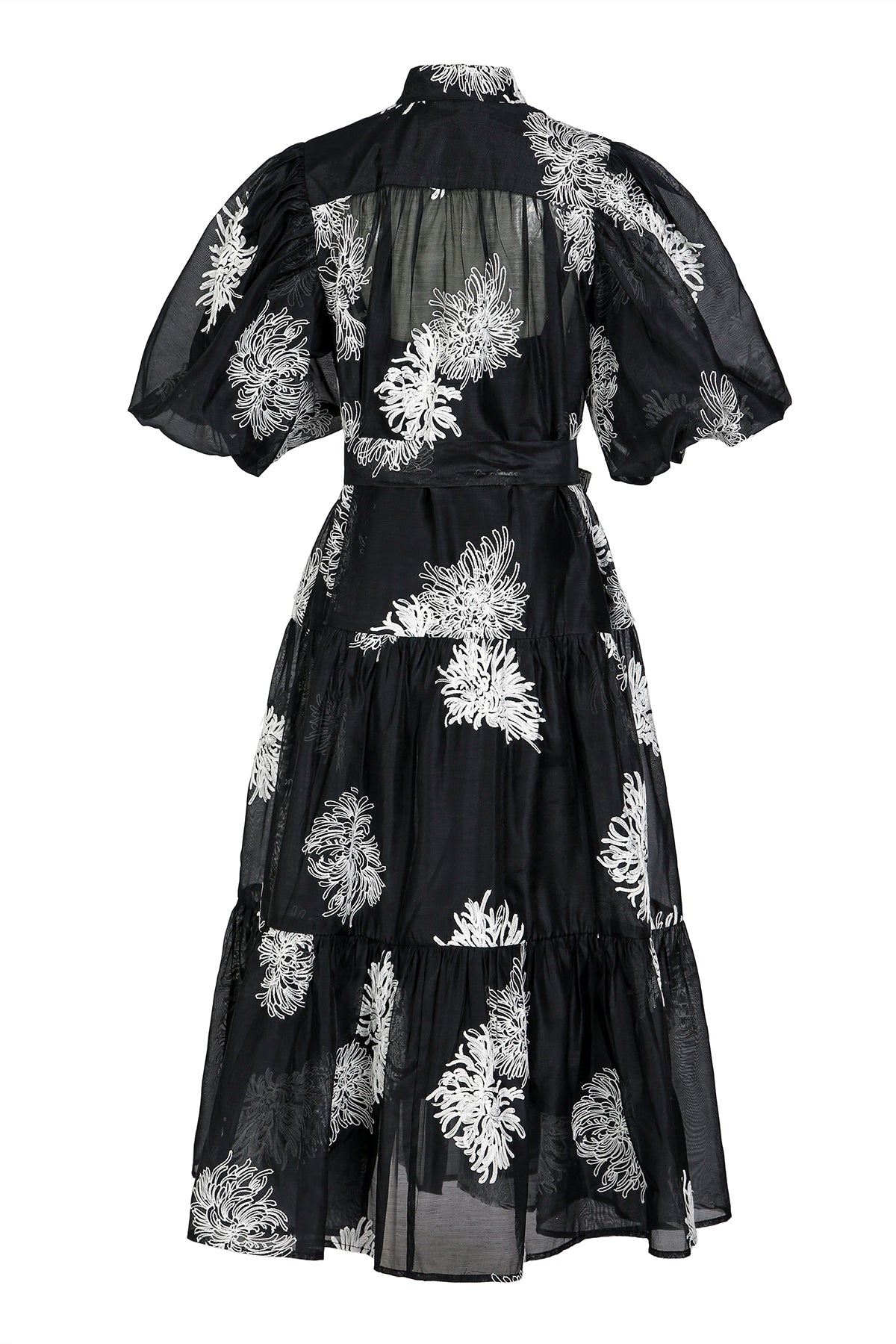 Katie Floral Embroidered Belted Chiffon Puff Maxi Shirt Dress
