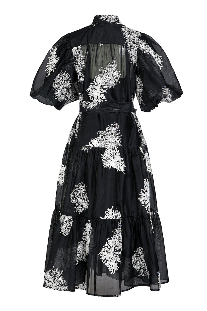 Katie Floral Embroidered Belted Chiffon Puff Maxi Shirt Dress
