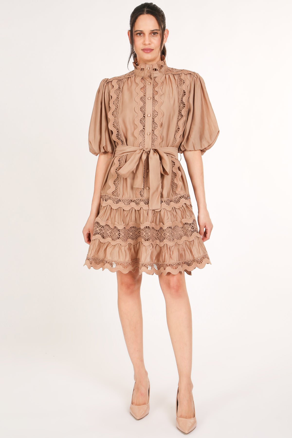 Rebecca Scallop Lace Trim Detail Ruffled A-Line Mini Dress - Shop Beulah Style