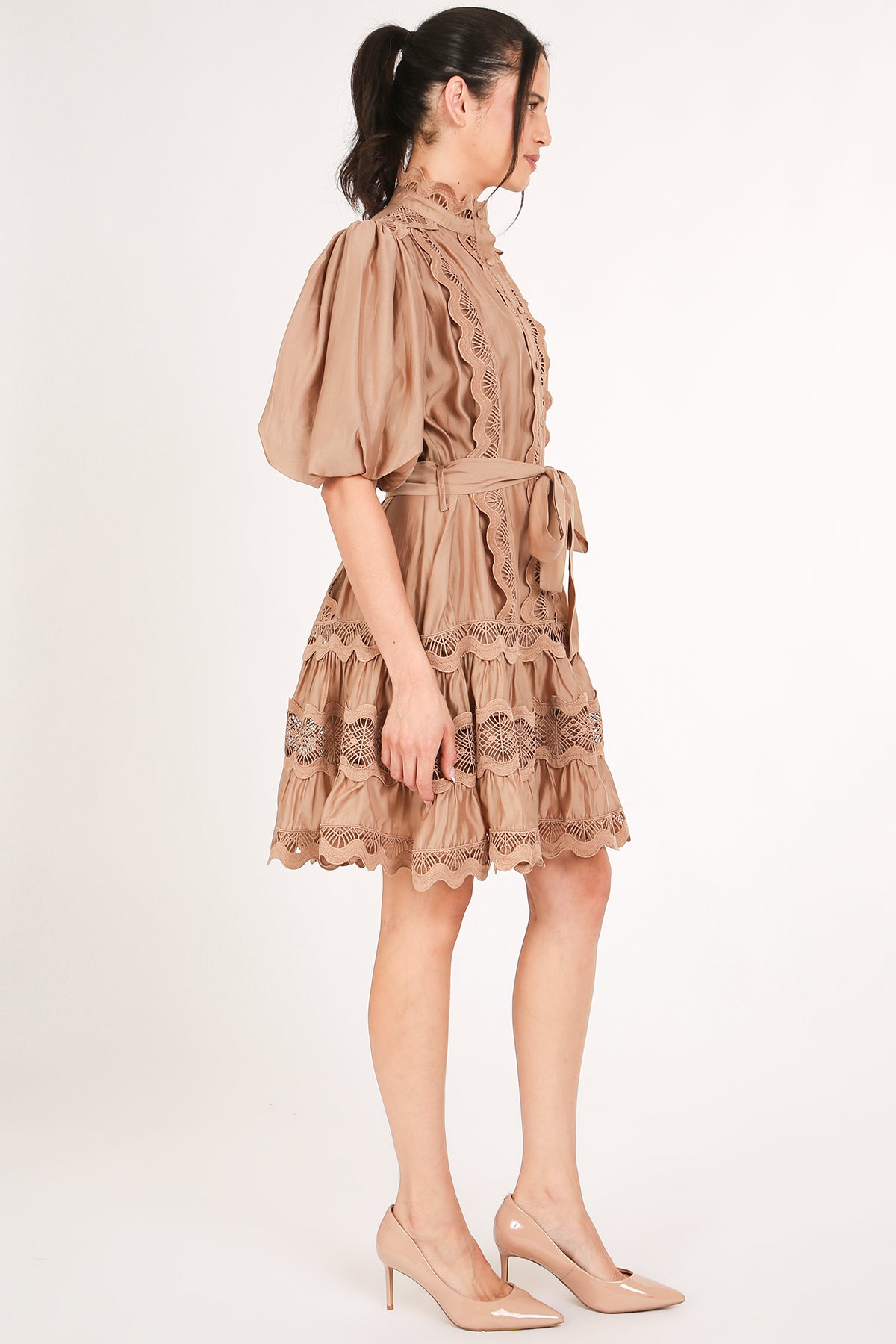 Rebecca Scallop Lace Trim Detail Ruffled A-Line Mini Dress - Shop Beulah Style