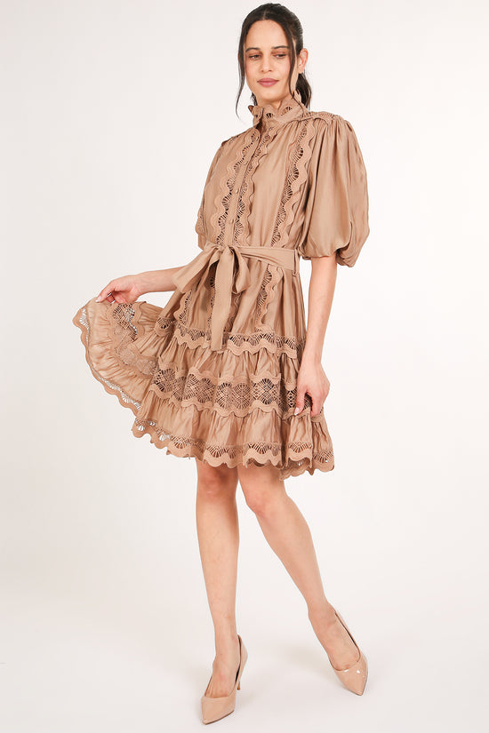 Rebecca Scallop Lace Trim Detail Ruffled A-Line Mini Dress - Shop Beulah Style