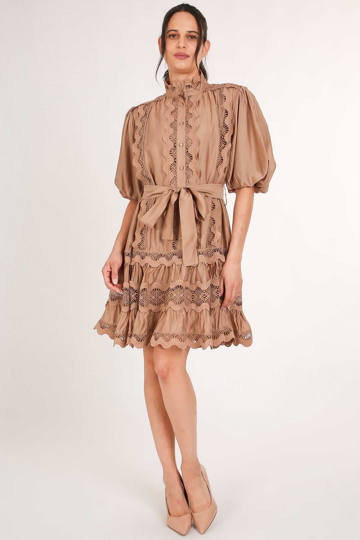Rebecca Scallop Lace Trim Detail Ruffled A-Line Mini Dress - Shop Beulah Style