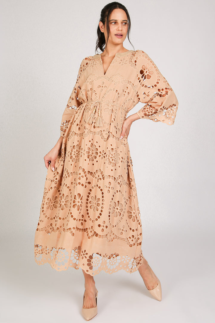 Molly Floral Eyelet V-Neck Belted Maxi Shift Dress - Shop Beulah Style