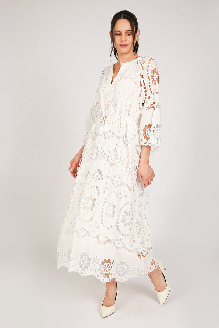 Molly Floral Eyelet V-Neck Belted Maxi Shift Dress - Shop Beulah Style