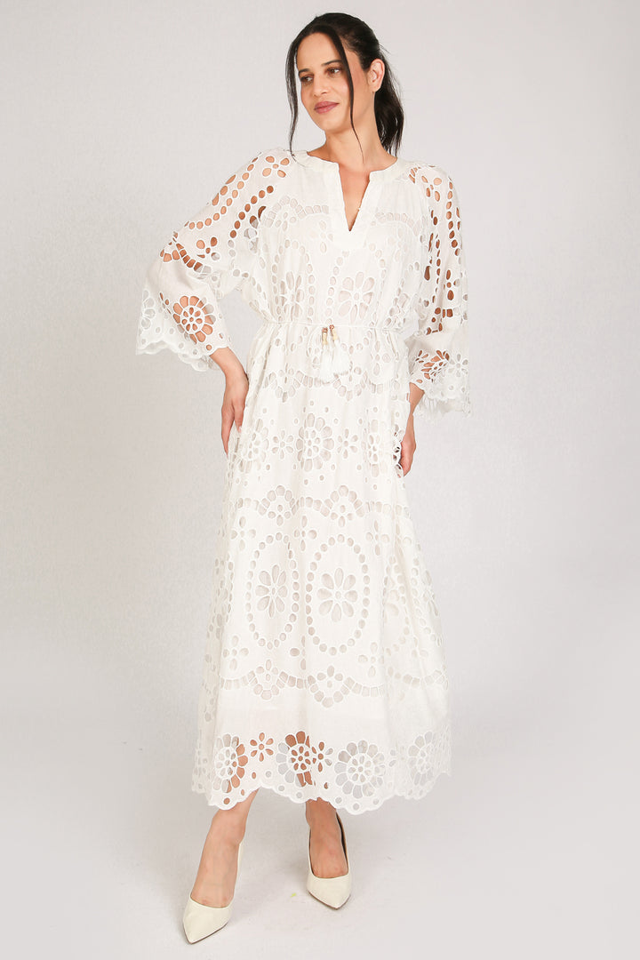 Molly Floral Eyelet V-Neck Belted Maxi Shift Dress - Shop Beulah Style