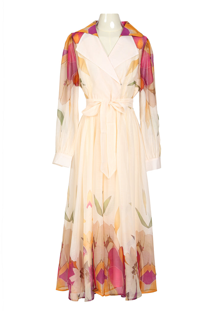 Benjamin Floral Print Lapel Collared Sheer Maxi Dress