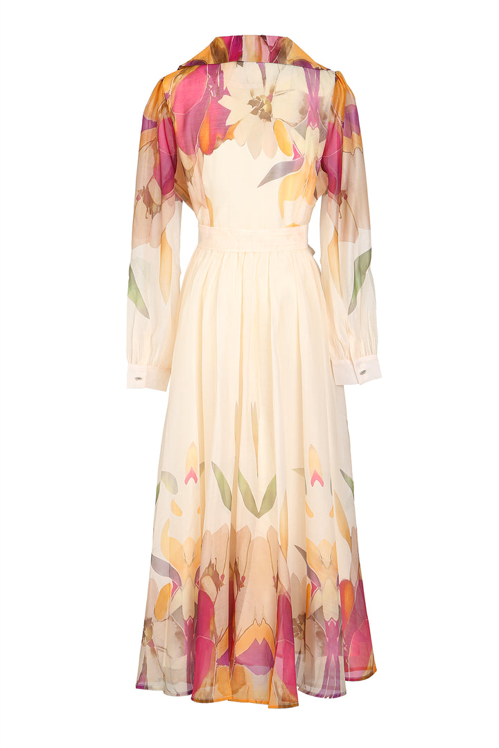 Benjamin Floral Print Lapel Collared Sheer Maxi Dress