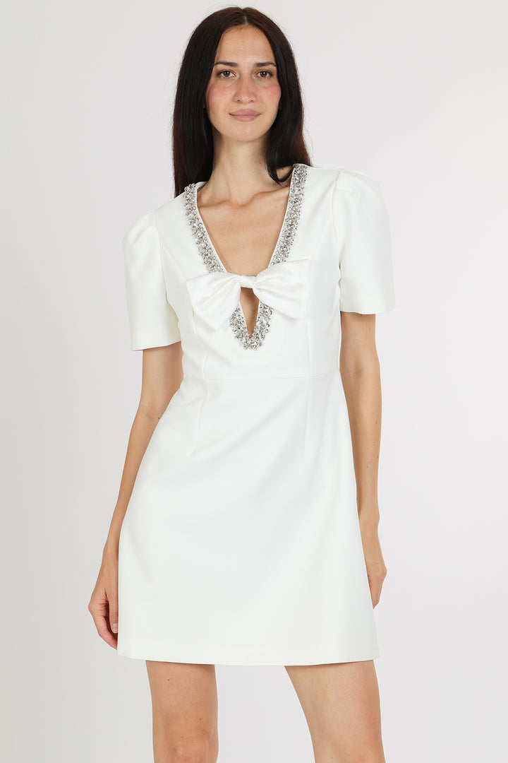 Kai Ribbon Over V-Neck Embellished Mini Sheath Dress - Shop Beulah Style