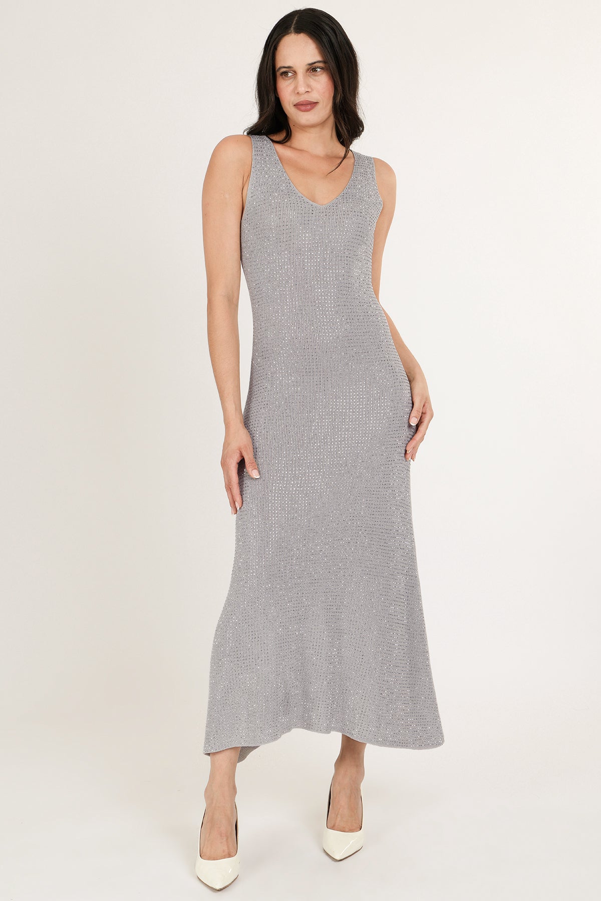 Hannah Micro Studded Sleeveless Sheath Knit Maxi Dress