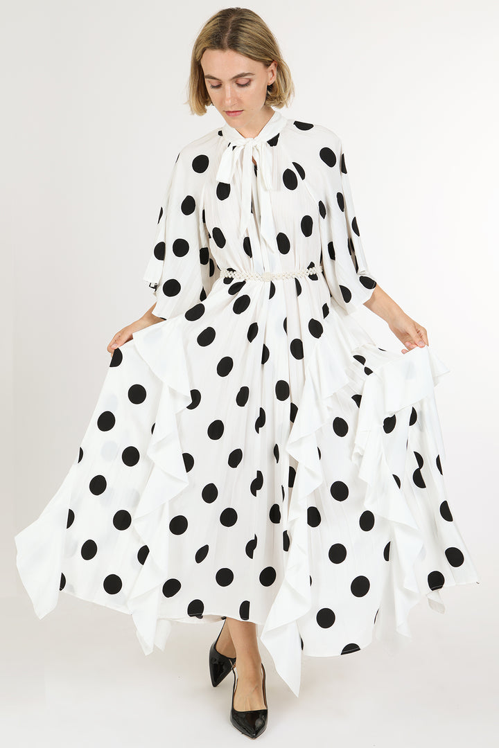 Jay Polka Dot Print Bowtie Tiered Ruffles Maxi Dress - Shop Beulah Style