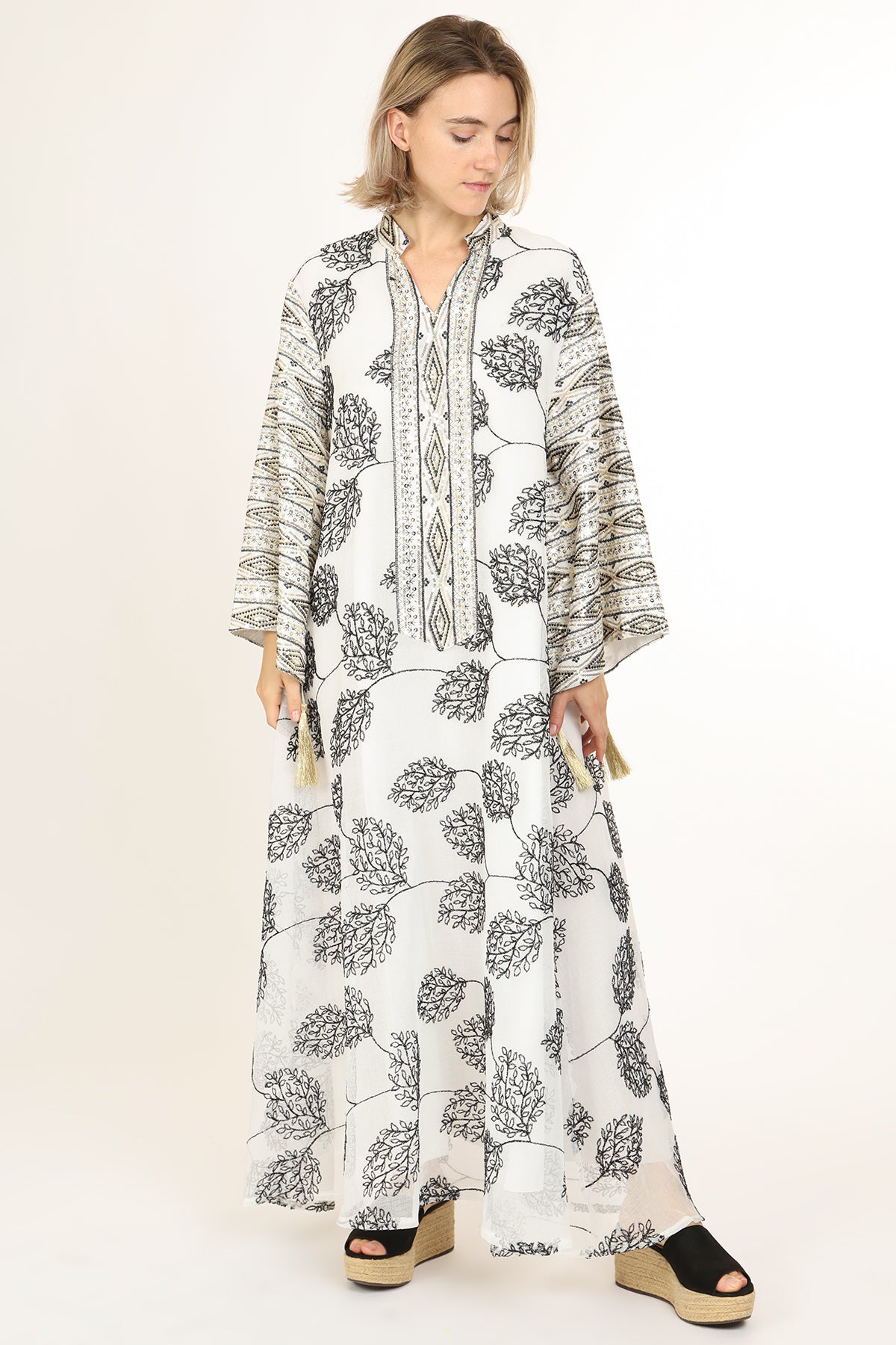 Willow Jacquard Sequined V-Neck Tasseled Maxi Tunic Dress