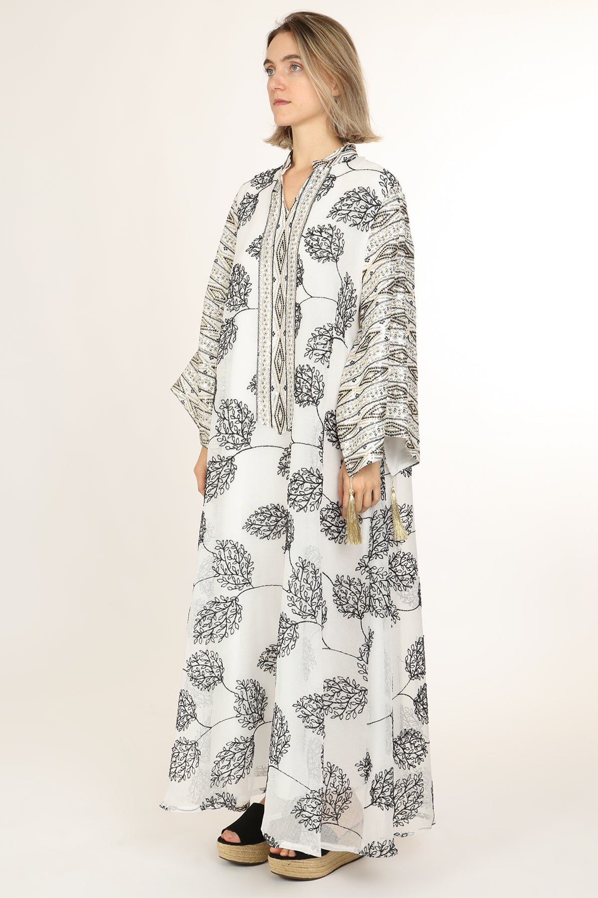 Willow Jacquard Sequined V-Neck Tasseled Maxi Tunic Dress