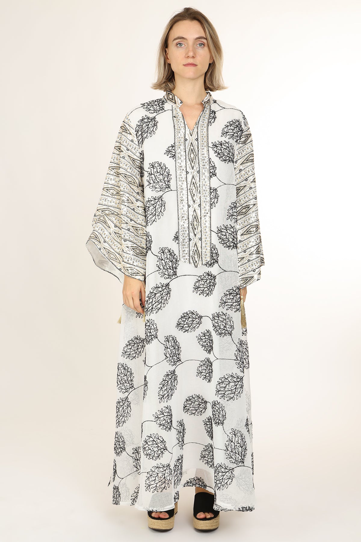 Willow Jacquard Sequined V-Neck Tasseled Maxi Tunic Dress
