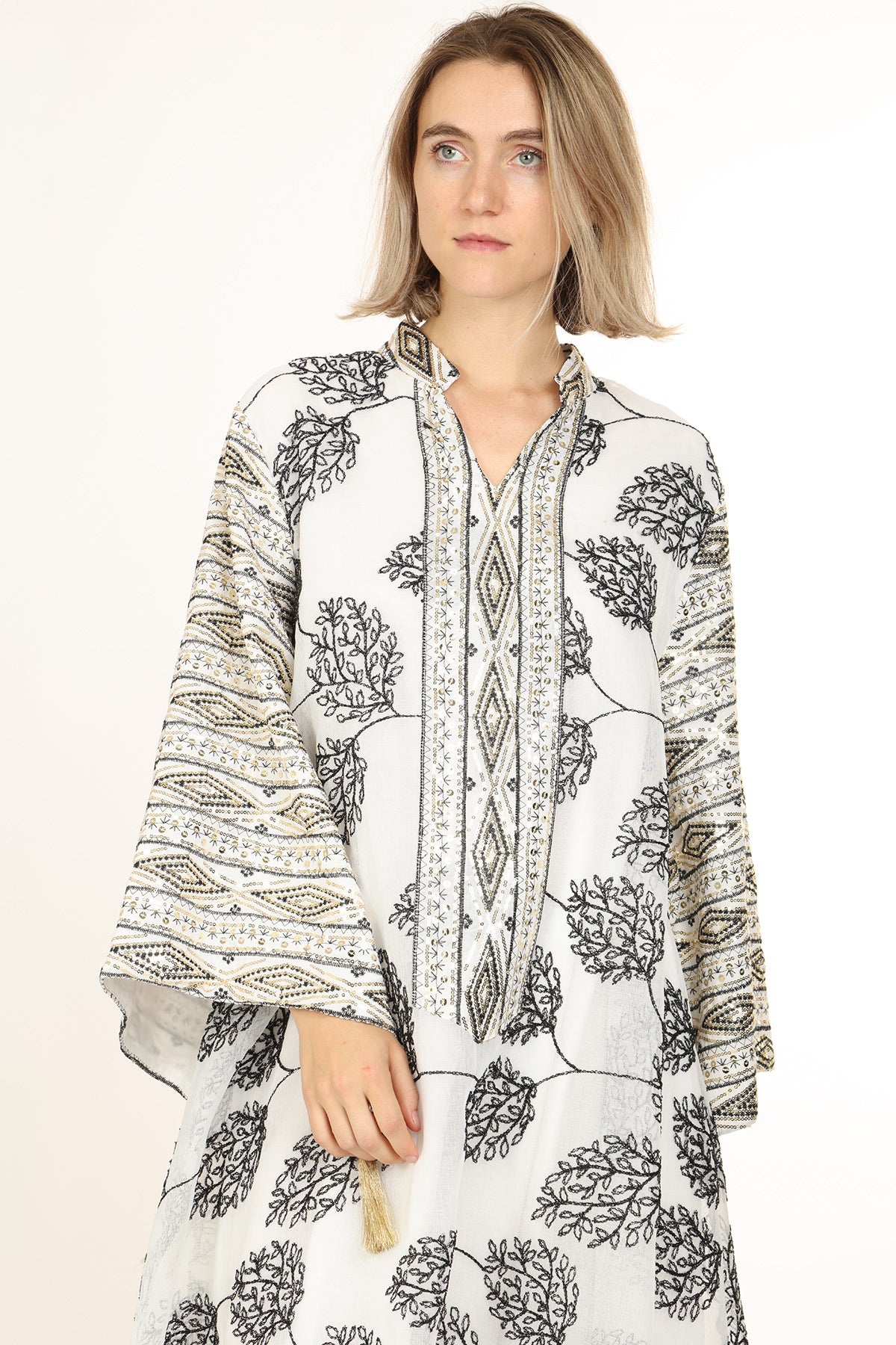 Willow Jacquard Sequined V-Neck Tasseled Maxi Tunic Dress