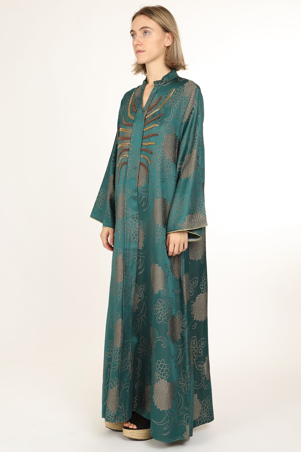 Xavier Embellished Jacquard Detail V-Neck Maxi Tunic Dress