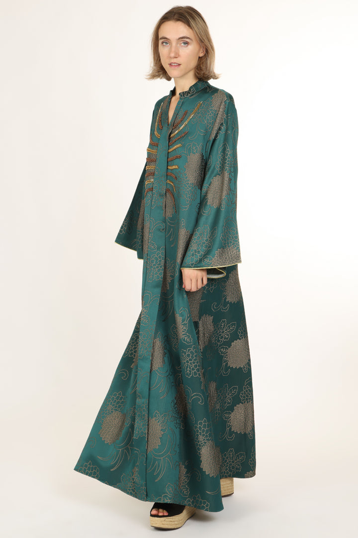 Xavier Embellished Jacquard Detail V-Neck Maxi Tunic Dress