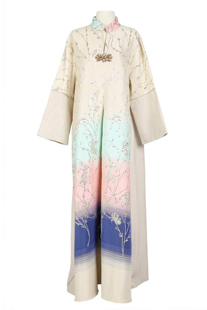 Indigo Colorblock Gradation Embroidered Maxi Tunic Dress