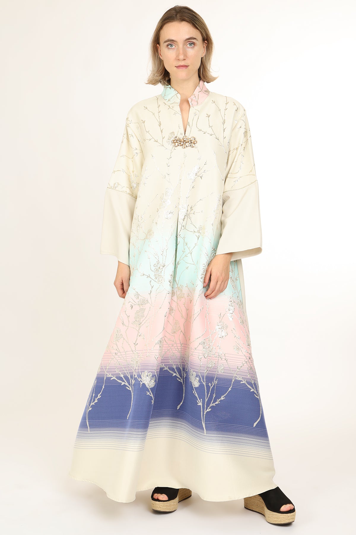 Indigo Colorblock Gradation Embroidered Maxi Tunic Dress