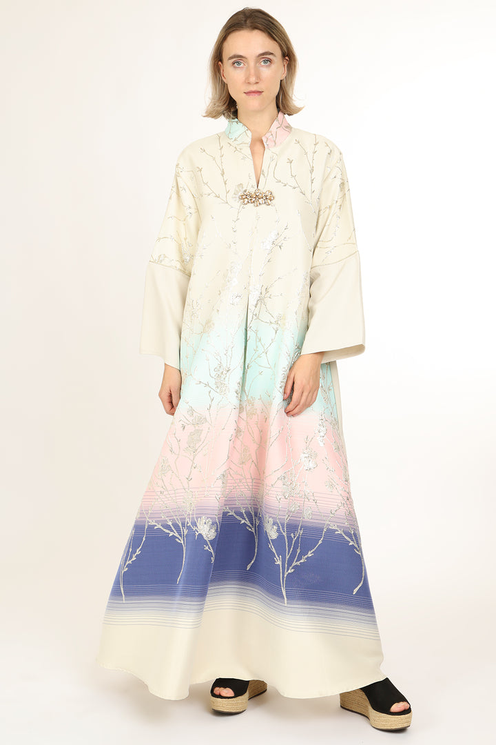 Indigo Colorblock Gradation Embroidered Maxi Tunic Dress