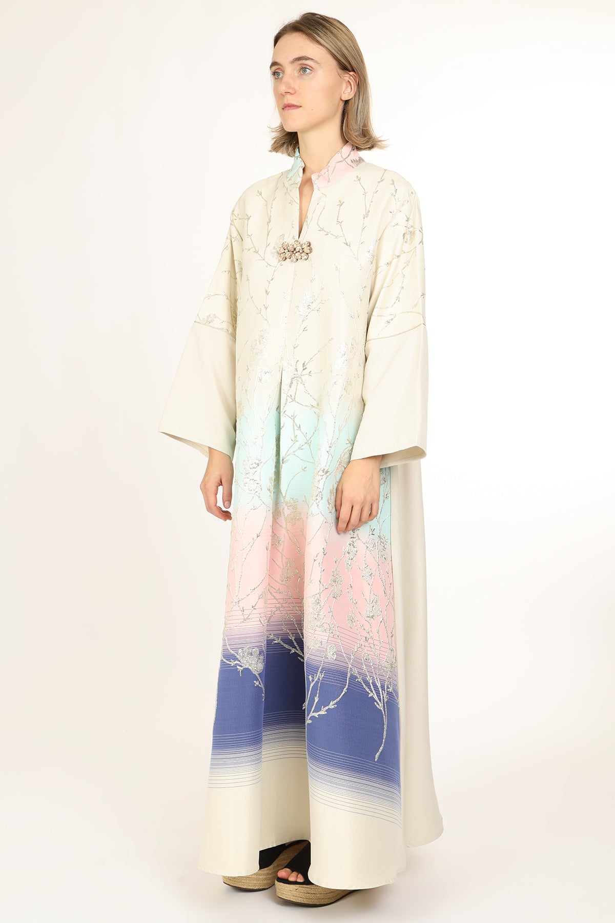 Indigo Colorblock Gradation Embroidered Maxi Tunic Dress