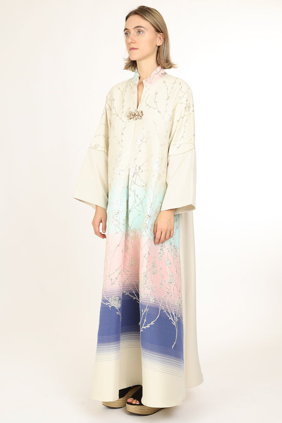 Indigo Colorblock Gradation Embroidered Maxi Tunic Dress