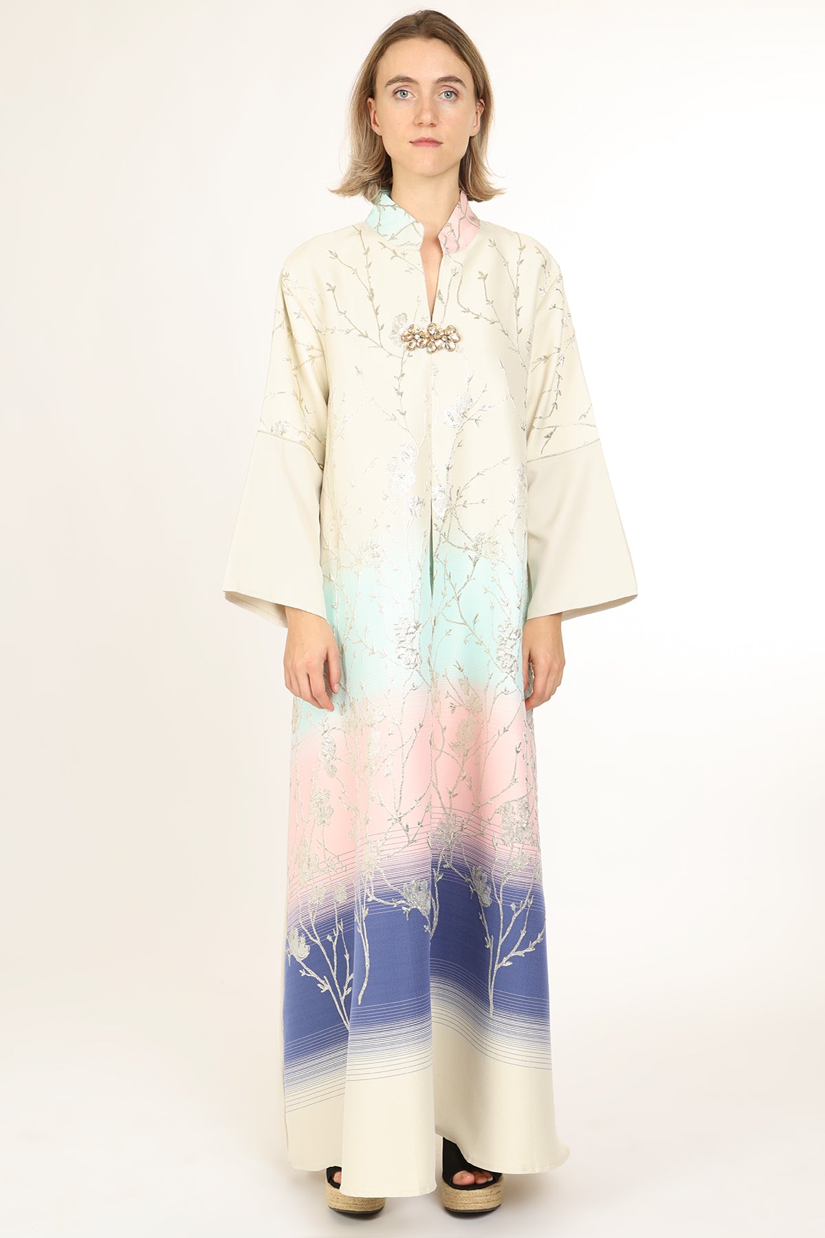 Indigo Colorblock Gradation Embroidered Maxi Tunic Dress