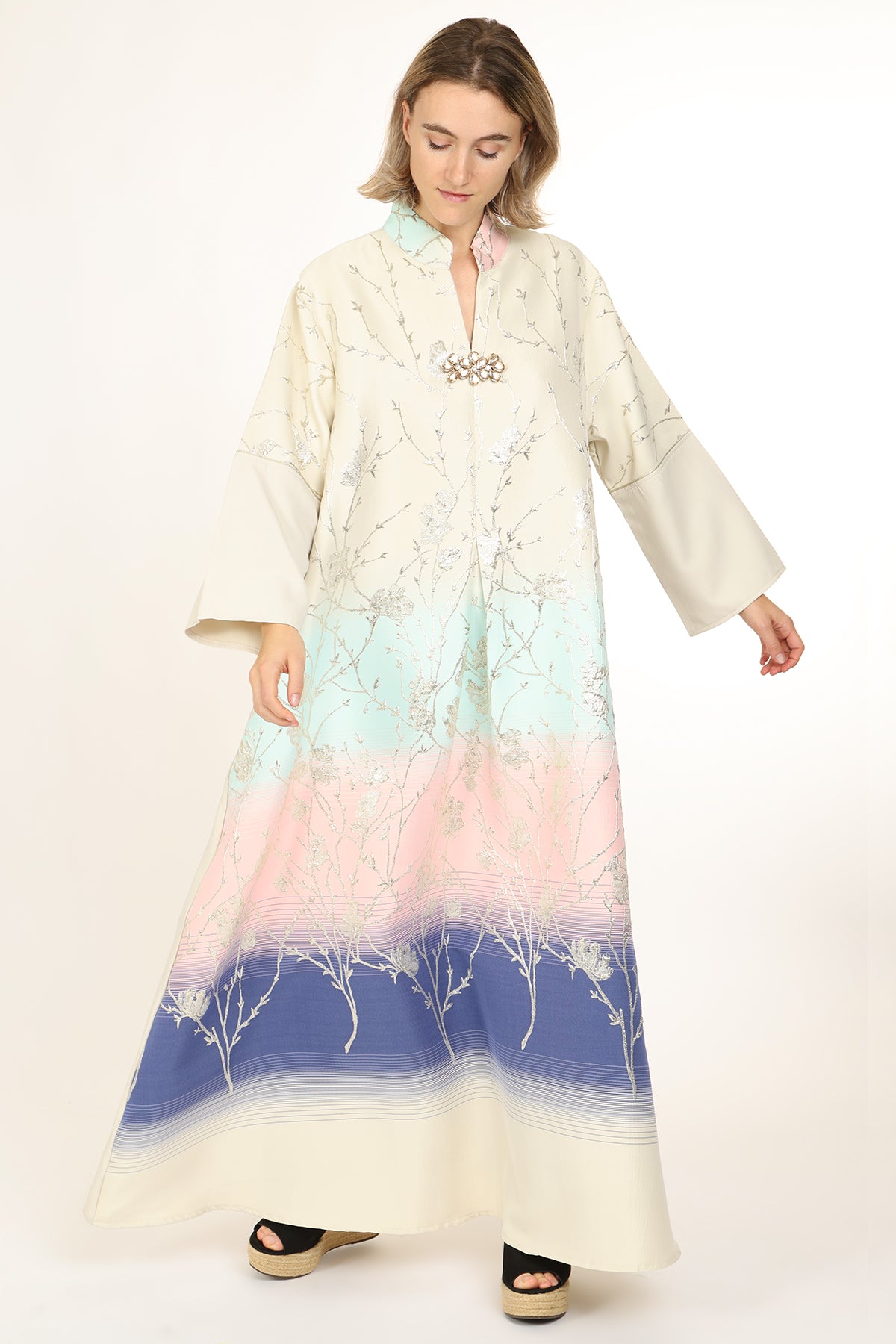 Indigo Colorblock Gradation Embroidered Maxi Tunic Dress