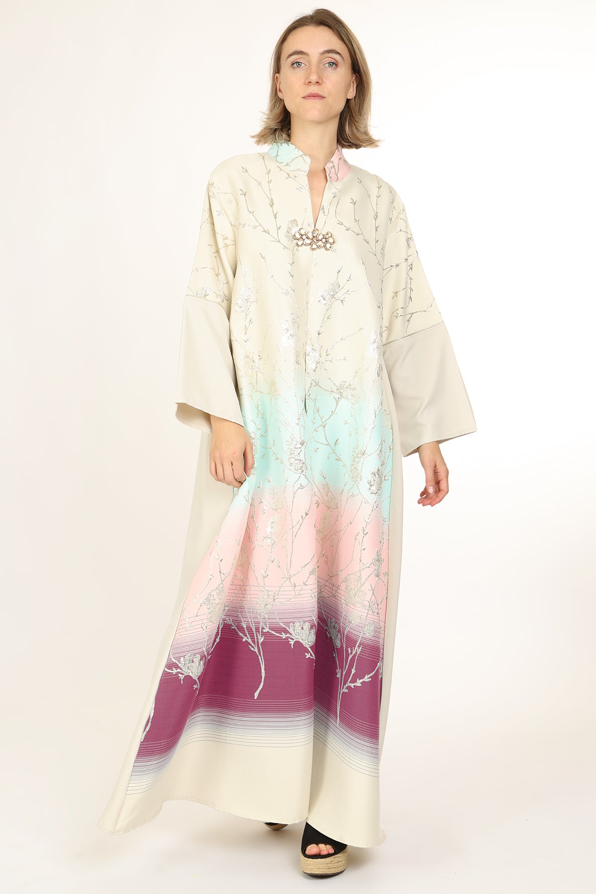 Indigo Colorblock Gradation Embroidered Maxi Tunic Dress