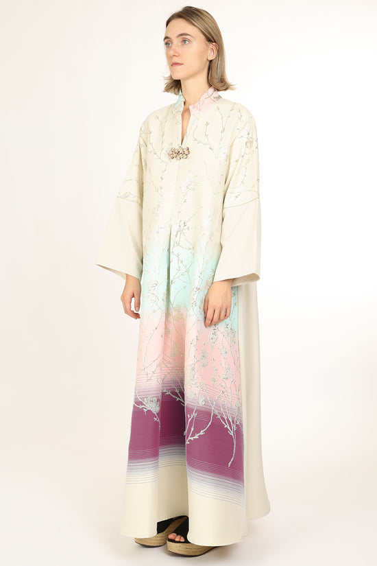 Indigo Colorblock Gradation Embroidered Maxi Tunic Dress