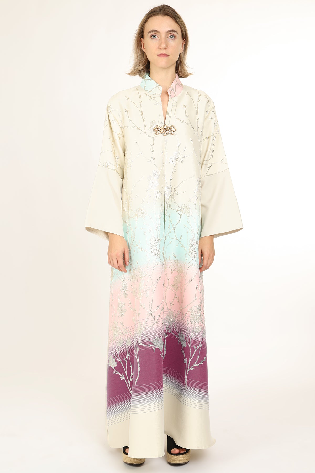 Indigo Colorblock Gradation Embroidered Maxi Tunic Dress