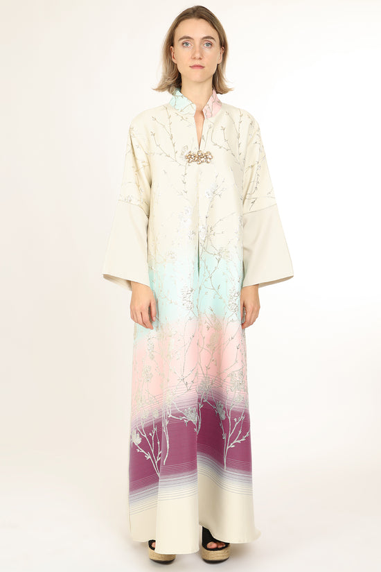 Indigo Colorblock Gradation Embroidered Maxi Tunic Dress