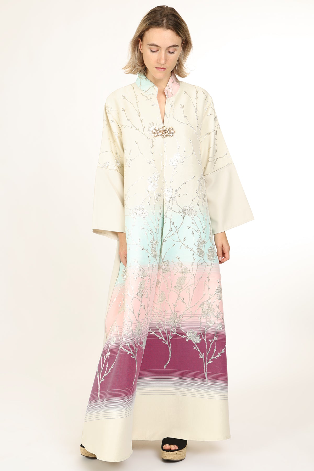 Indigo Colorblock Gradation Embroidered Maxi Tunic Dress