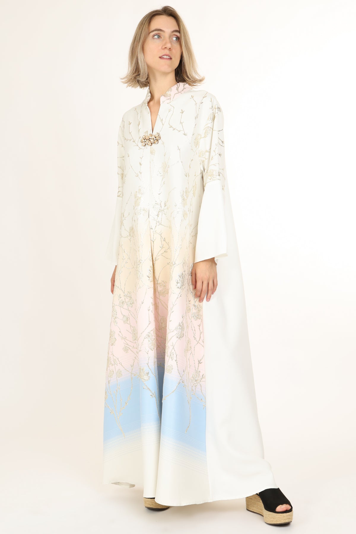 Indigo Colorblock Gradation Embroidered Maxi Tunic Dress