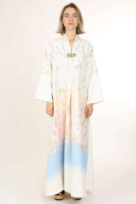 Indigo Colorblock Gradation Embroidered Maxi Tunic Dress