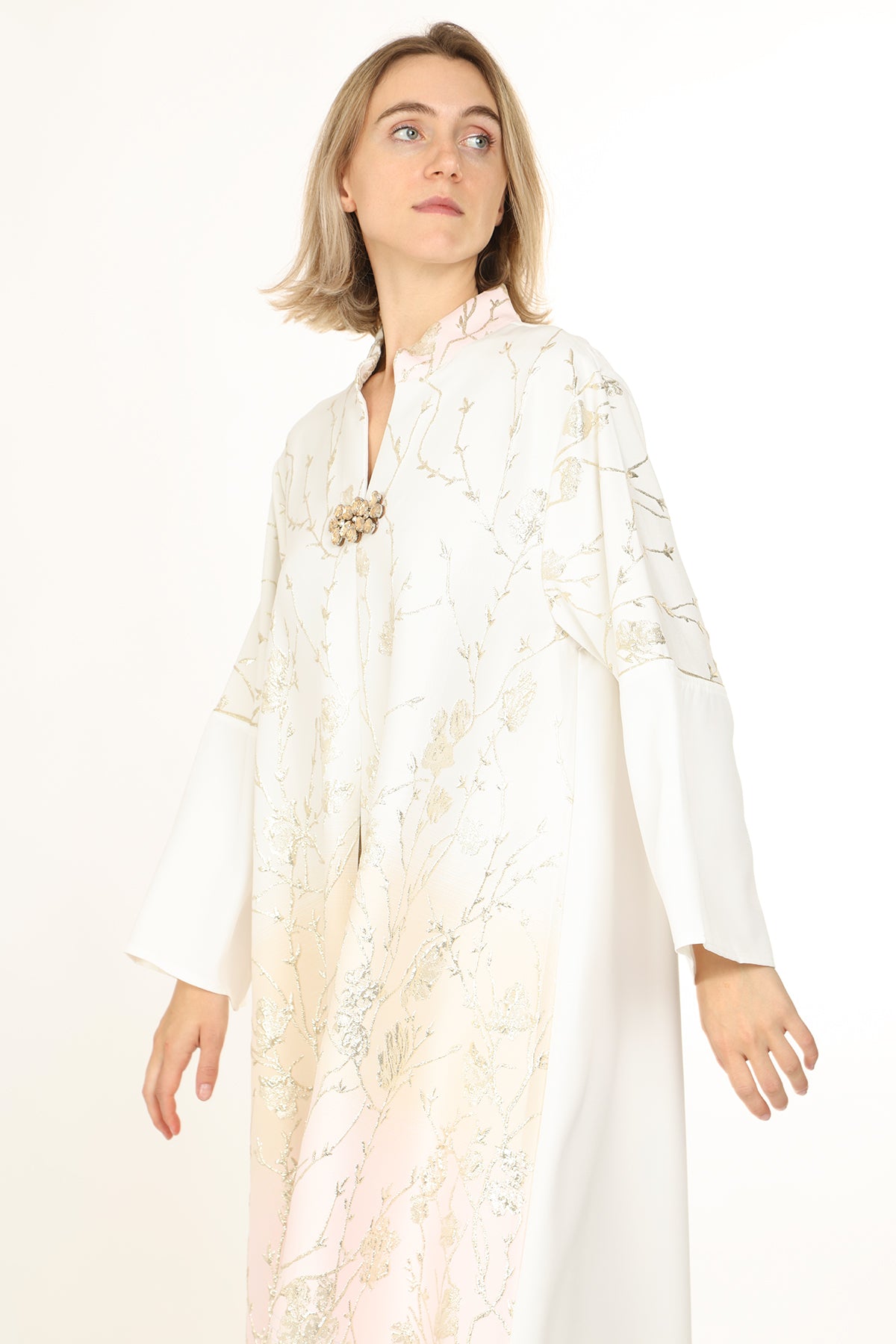 Indigo Colorblock Gradation Embroidered Maxi Tunic Dress