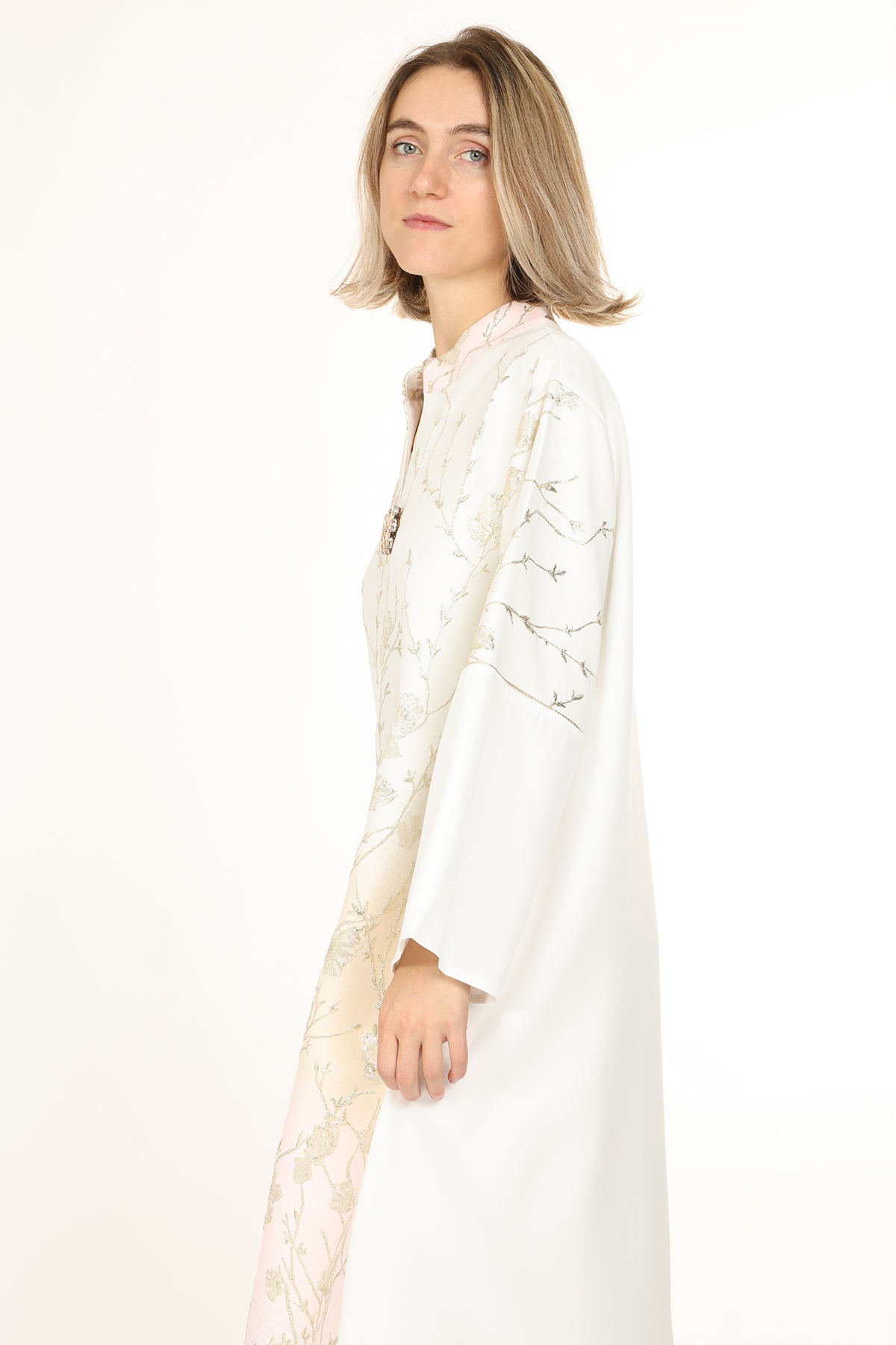 Indigo Colorblock Gradation Embroidered Maxi Tunic Dress