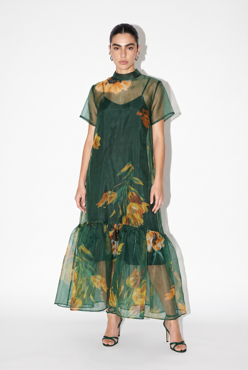 Floral Print Sheer Organza Tie Neck Maxi Dress