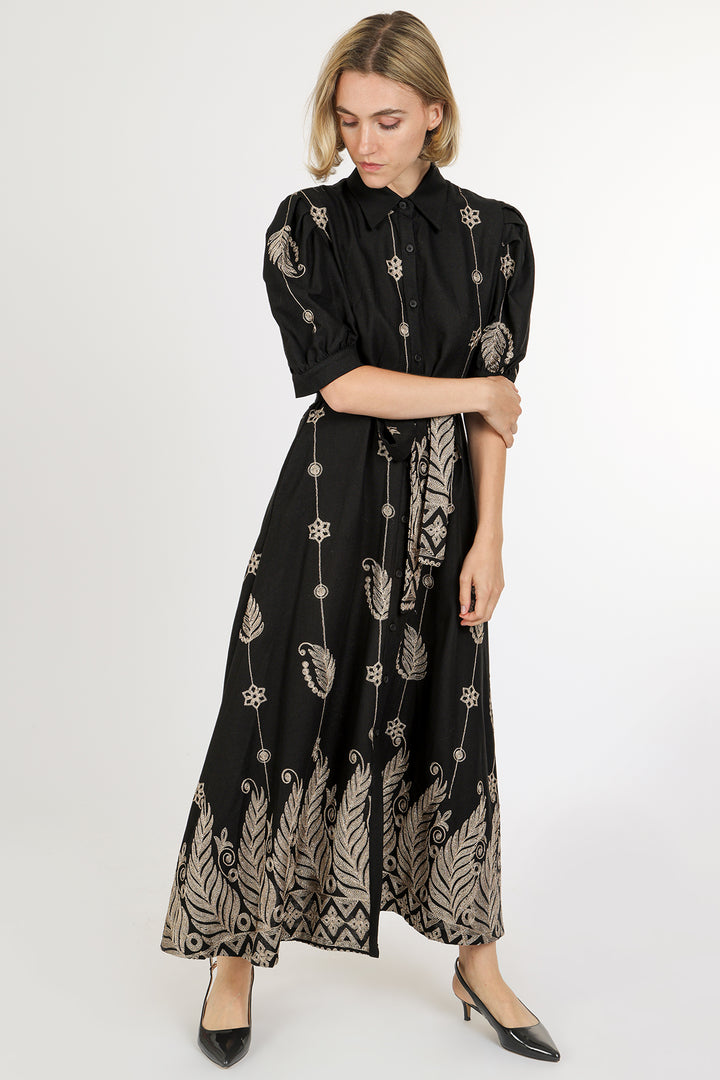 Wendy Contrast Jacquard Embroidered Maxi Shirt Dress - Shop Beulah Style