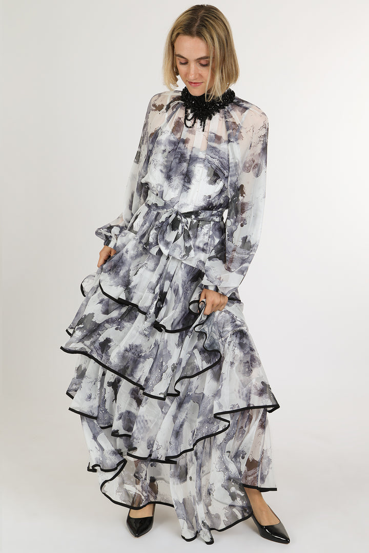 Riley Embellished Abstract Print Sheer Tiered Maxi Dress - Shop Beulah Style