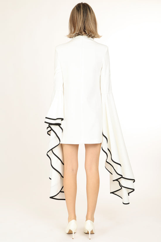 Laura Contrast Trim Ruffled Pleats Flare Sleeve Shift Mini Dress