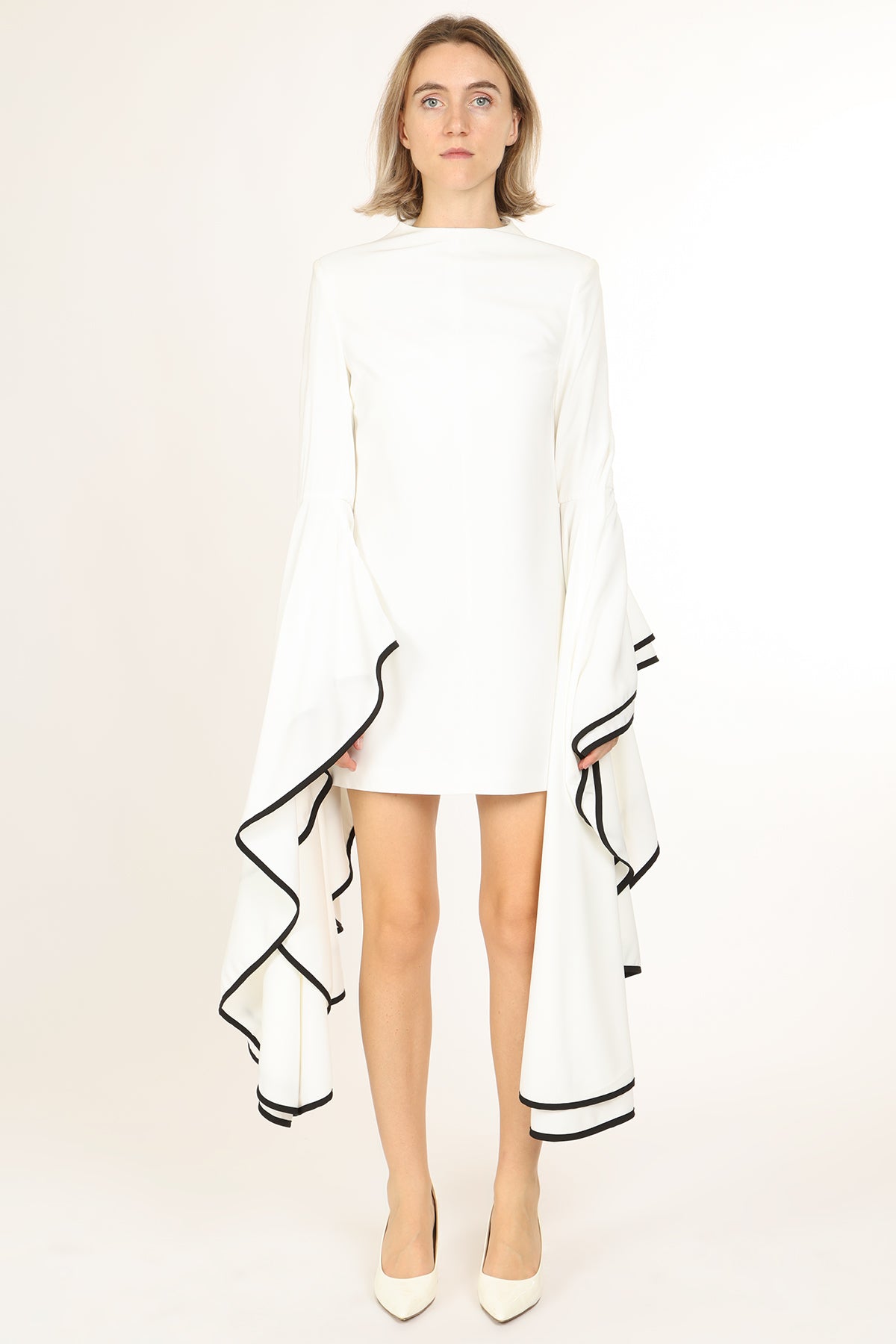 Laura Contrast Trim Ruffled Pleats Flare Sleeve Shift Mini Dress