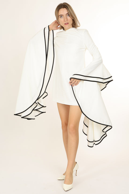 Laura Contrast Trim Ruffled Pleats Flare Sleeve Shift Mini Dress